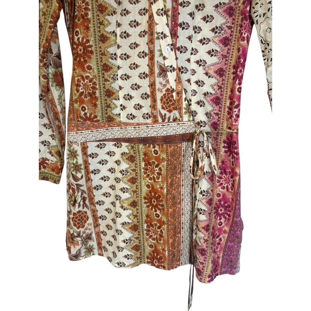 Vintage Y2K Drop Waist Boho Wrap Tunic Dress M Festival Hippie 100% Cotton USA